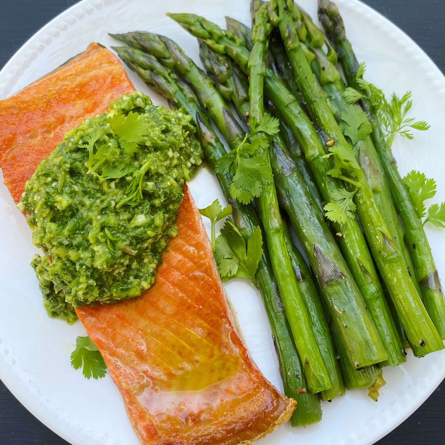 Coho Salmon with Garlic Scape Pesto and Asparagus