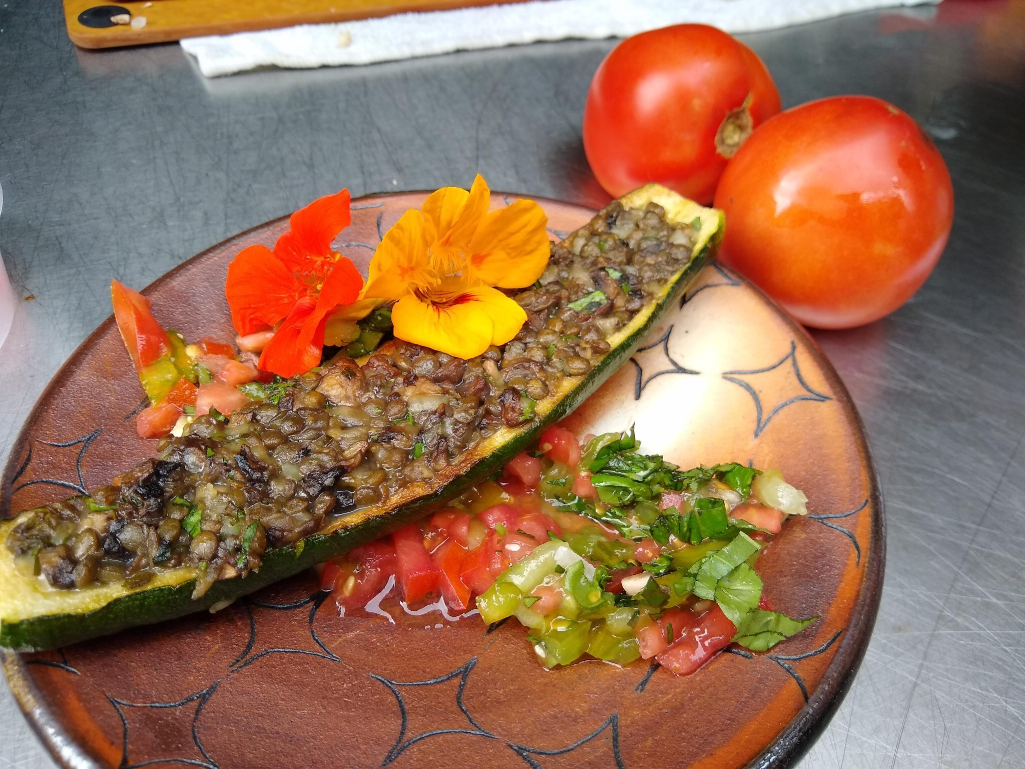 Mushroom & Lentil Stuffed Zucchini with Tomato Coulis Mill City
