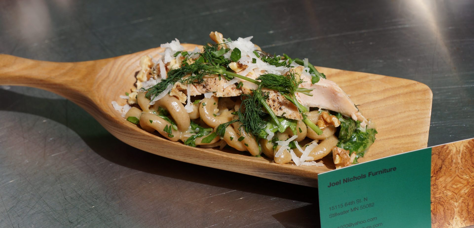 Seared Salmon Carbonara with Arugula, Walnuts and Farro Cavatappi Mill City Farmers Market