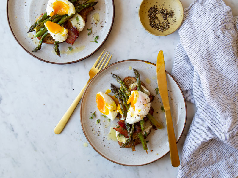 Bacon, Poached Egg, Asparagus and Morcella Toast