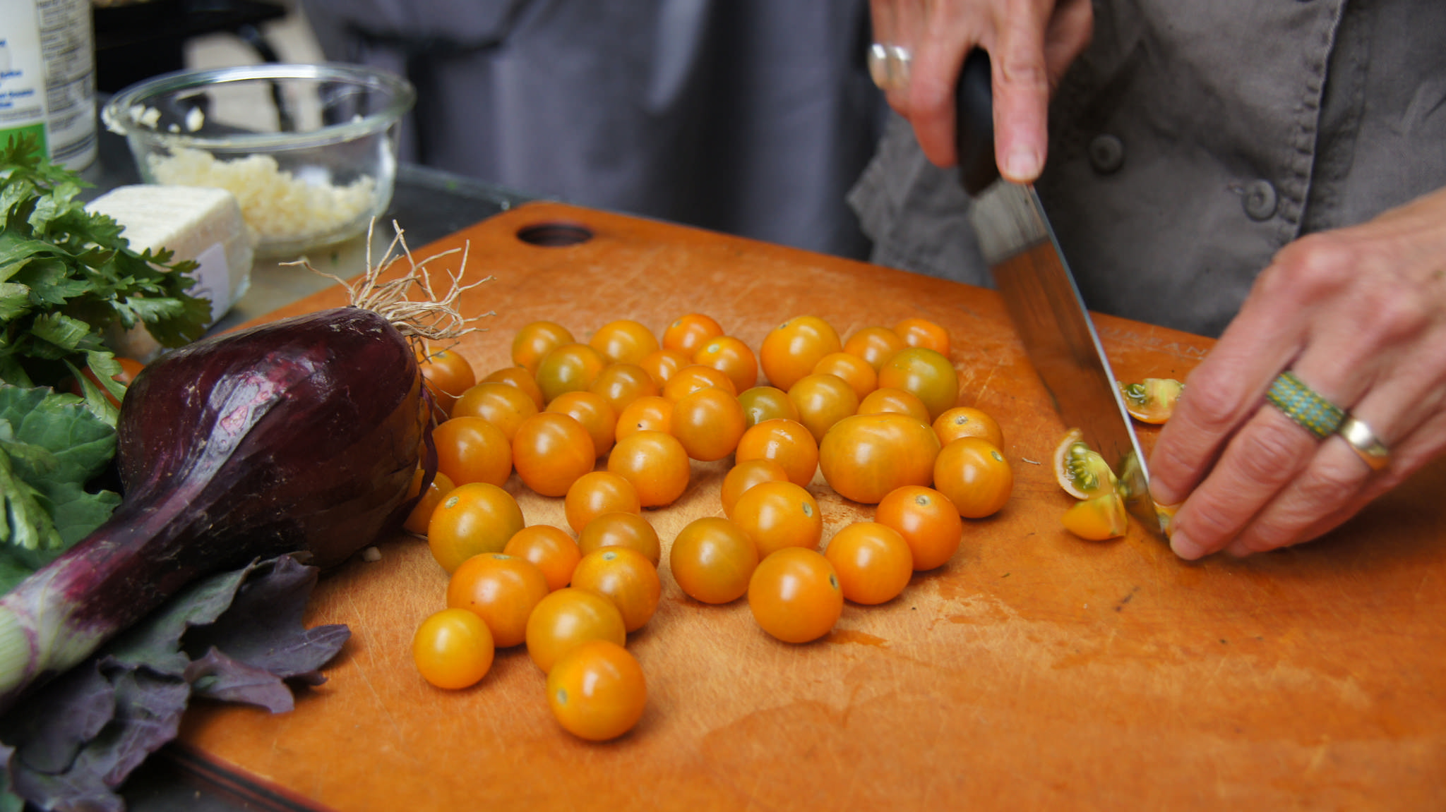 Sungold tomatoes in Greek Chicken Salad