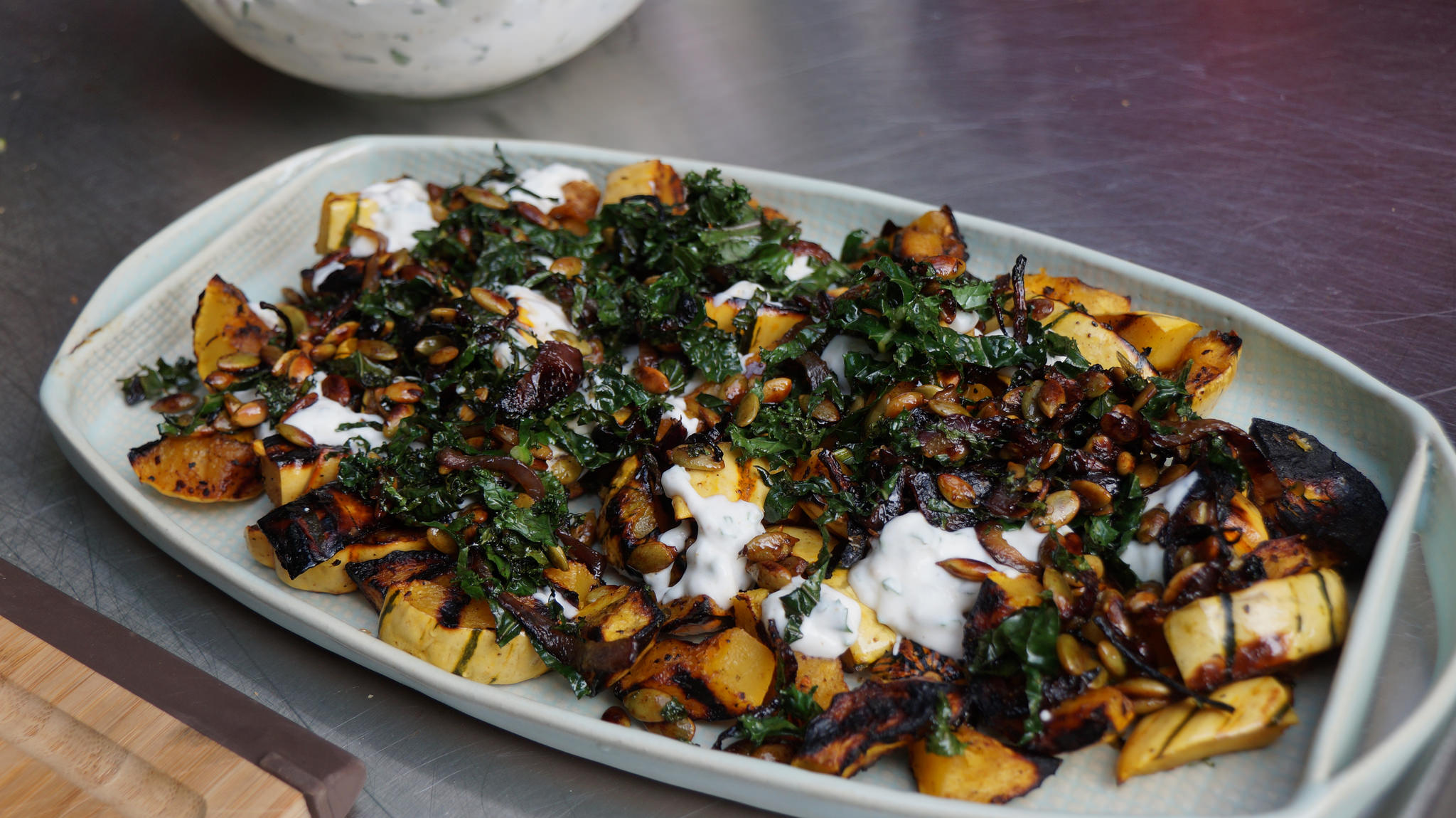 roasted delicata squash with spiced yogurt sauce